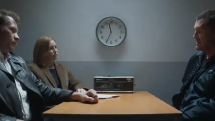Vengeance -- Rise of the Footsoldier: Craig Fairbrass, as Pat Tate, is questioned by a male and female police officer.