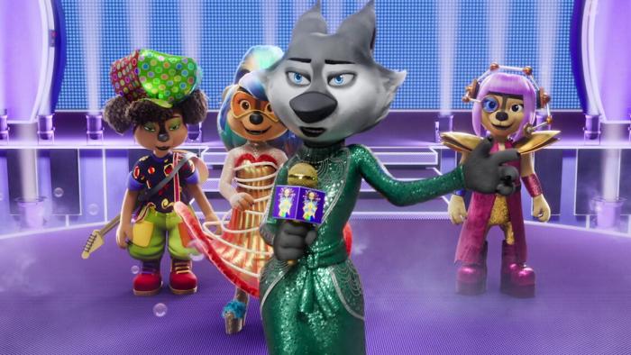 A wolf in a sequin dress stands in front of 3 dogs in an animated movien front of four 