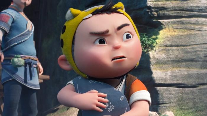 Run Tiger Run: Animated Asian boy wearing a tiger hat hides behind a rock