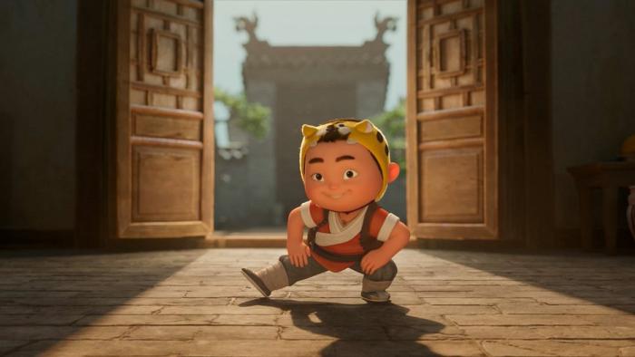 Run Tiger Run: Animated Asian boy wearing a tiger hat poses between an open doorway