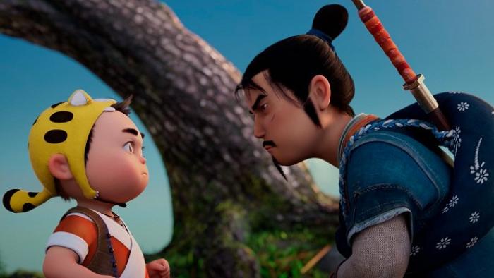 Run Tiger Run: Animated Asian boy wearing a tiger hat glares back  at an Asian man with a bun