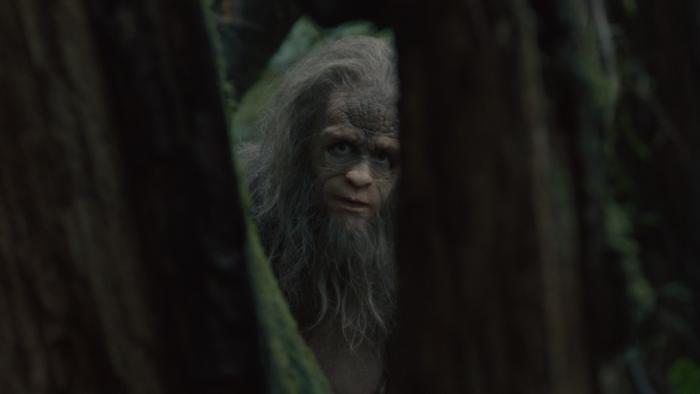 Sasquatch Sunset Movie: A Sasquatch (Riley Keough) peers between two trees