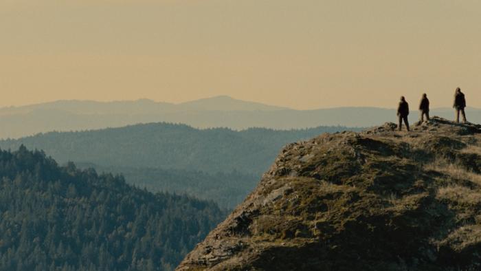 Sasquatch Sunset Movie: Three Sasquatch stand together on the top of a hill, overlooking a tree-filled valley