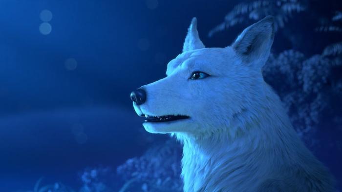 Hero Quest movie: Anga the white wolf sits proudly in the night