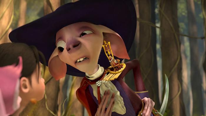 Hero Quest movie: A goblin-like creature wearing a hat and gold jewelry talks to a little girl next to a tree