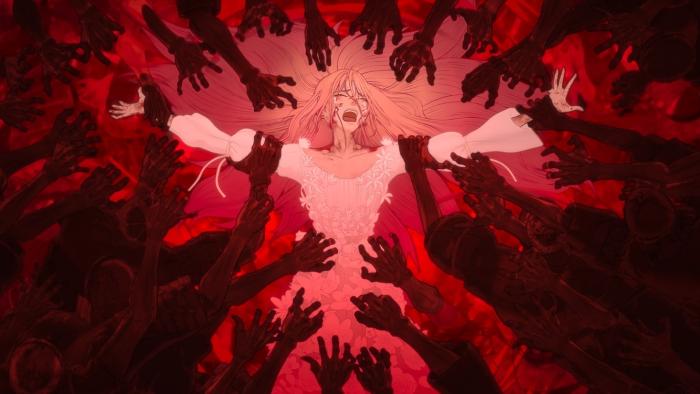 Scarlet movie: A pink-haired girl wearing a white dress is in pain and distress as she falls into a pit of hands grabbing at her