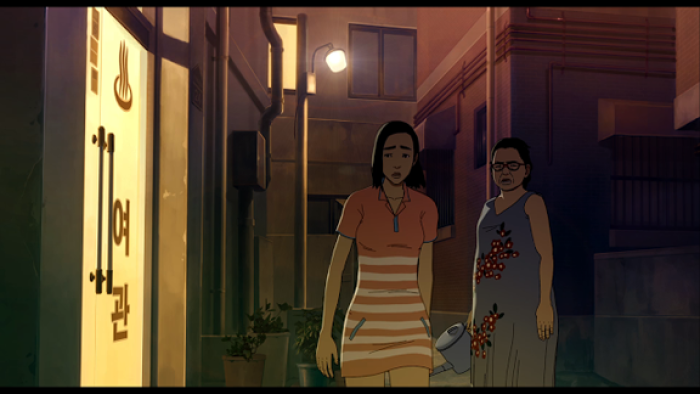 Seoul Station: A cartoon young South Korean woman in a pink and white striped dress looks worried next to a middle-aged woman in a street.