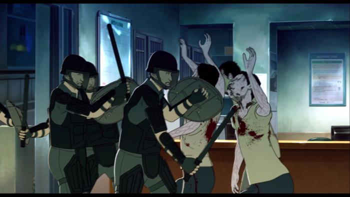 Seoul Station: Three riot police are attacked by zombies in a police station.