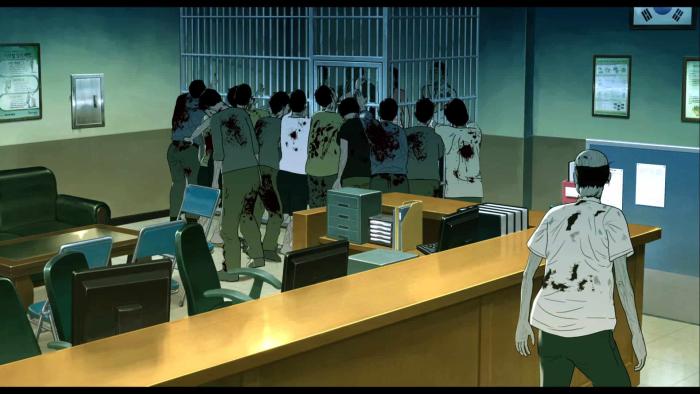 Seoul Station: Cartoon zombies in bloody clothes swarm a jail cell in a police station.