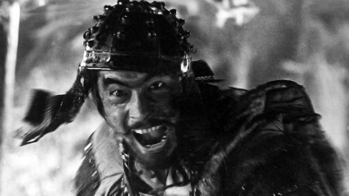 Seven Samurai Movie: Toshiro Mifune yells wearing samurai headgear