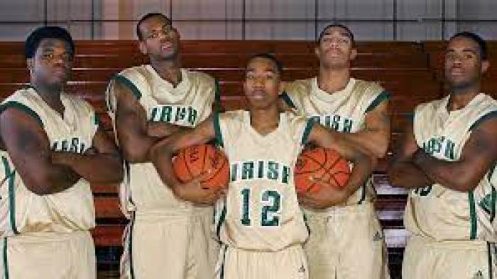 Shooting Stars scene 2:  5 Black basketball players pose
