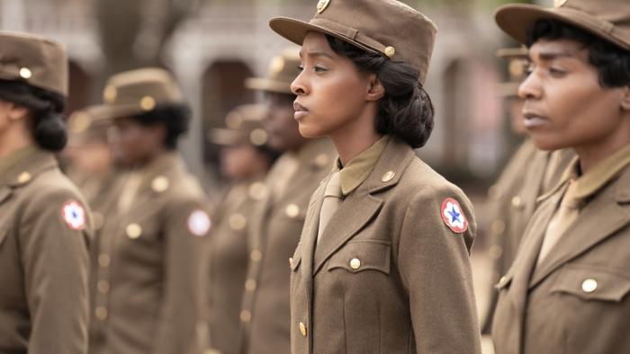 The Six Triple Eight movie: Ebony Obsidian stands at attention