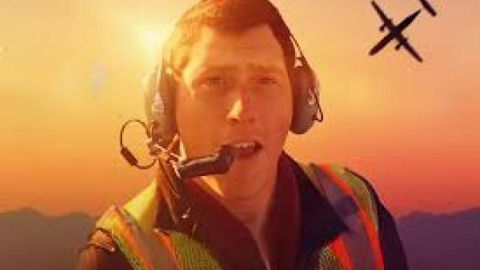#Skyking movie: Richard Russell stares open mouthed with pilot headset on as a plane nosedives behind him