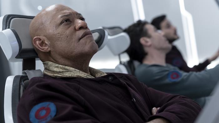 Slingshot Movie: Captain Franks (Laurence Fishburne) studies the ship's computer, with John and Nash in the background