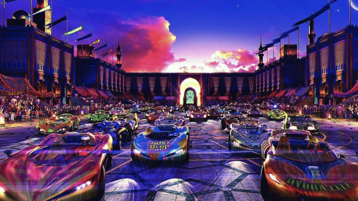 Speed Racer movie: CGI image of fleet of race cars getting ready to compete in an Italian-style piazza
