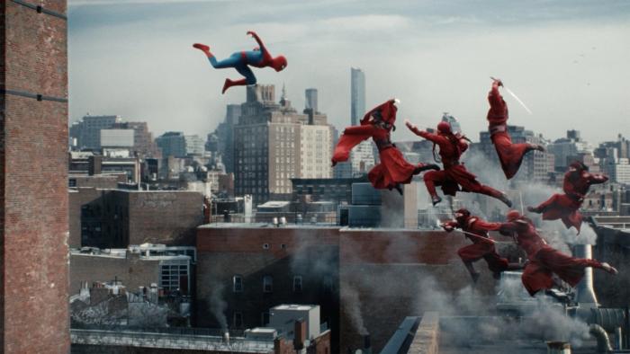 Spider-Man: Brand New Day movie: Spider-Man shown in midair fighting a group of ninjas wearing red and holding swords