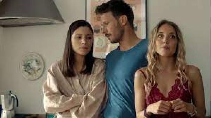 Squared Love Everlasting Scene 2: A woman and man look unhappy and another woman stands by