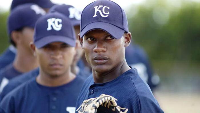 Sugar movie: Algenis Perex Soto stands on a pitching mound wearing a Kansas City Knights uniform
