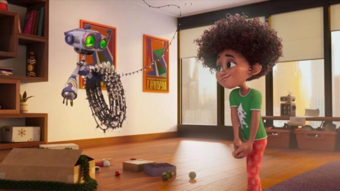 SuperClaus movie: An animated young Black girl stands next to a floating droid 