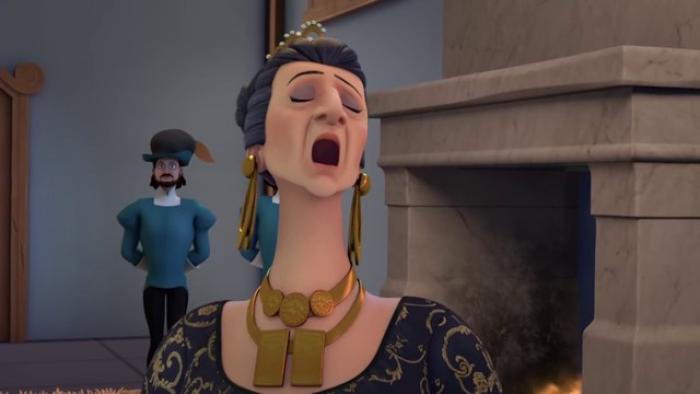 A woman standing with her mouth open singing mid song