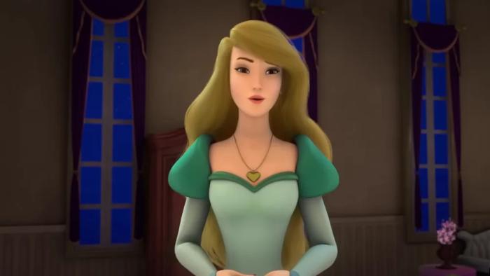 Princess Odette, a blond princess stands in a green dress with a serious face
