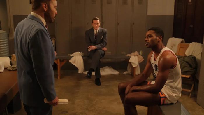 Sweetwater Movie: Everett Osborne plays Nat Sweetwater Clinton speaking to New York Knicks coach Joe Lapchick (Jeremy Piven) and New York Knicks owner Ned Irish (Cary Elwes)