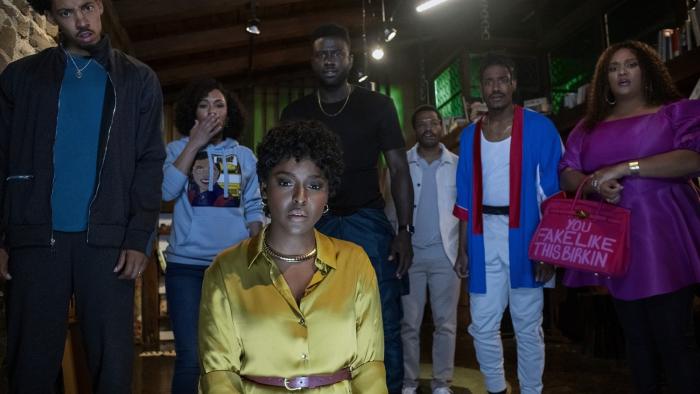 The Blackening Movie: Melvin Gregg, Grace Byers, Antoinette Robertson, Sinqua Walls, and others look in disbelief