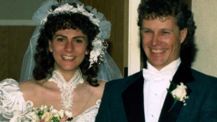 The Carman Family Deaths movie: Wedding photograph of bride Linda Carman in white dress left and groom Clark Carman in suit right