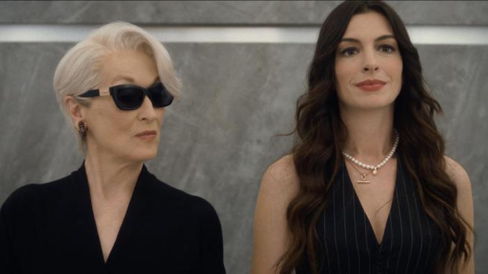 The Devil Wears Prada 2 movie: Meryl Streep and Anne Hathaway stand together in an elevator