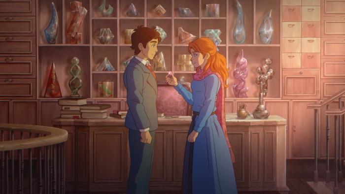 The Glassworker movie: Vincent faces Alliz in the Oliver Glass shop as Alliz holds up a whimsy