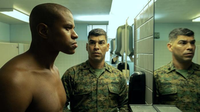 The Inspection Movie: Jeremy Pope and Raul Castillo speak in a bathroom