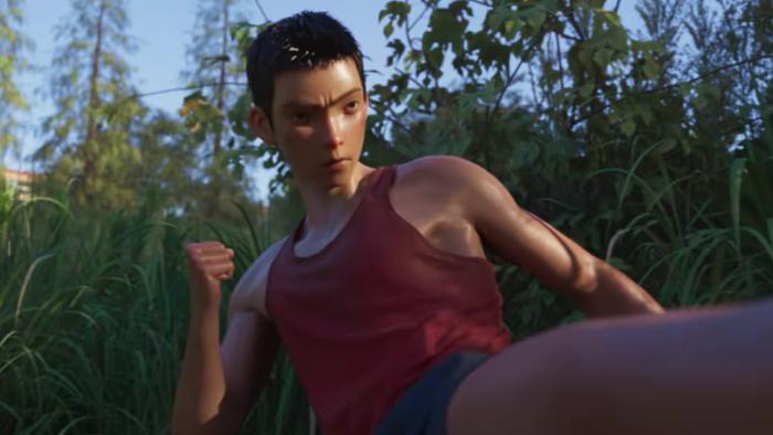 The Kung Fu Kid movie: A Juan kicks his left leg in an abandoned lot with high grass