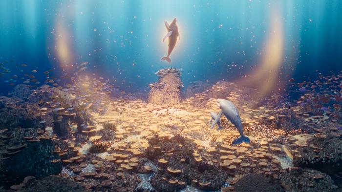 The Last Whale Singer movie: The ocean floor lights up as a humpback whale sings, his whale wife and child looking on with pride
