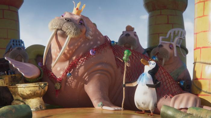 The Last Whale Singer movie: A walrus wears a crown and a net cape as he's flanked by four walruses a penguin