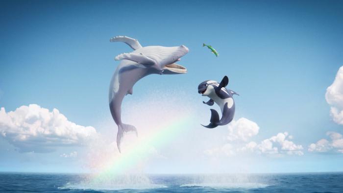 The Last Whale Singer movie: A humpback whale, an orca, and a remora flip through the air above the ocean