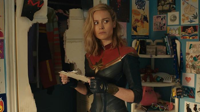 The Marvels Movie: Carol Danvers stands in Kamala Khan's bedroom, looking confused