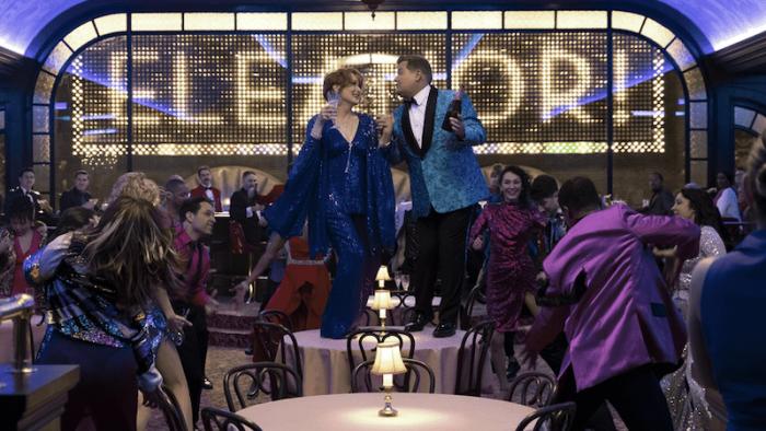 The Prom movie: Meryl Streep and James Corden dancing on top of a table.
