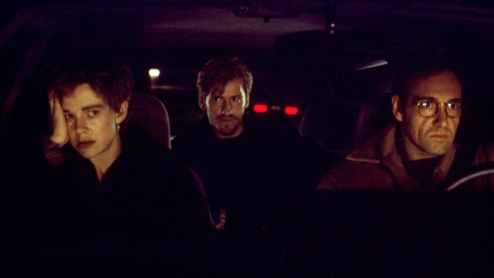 The Ref movie: Judy Davis left, Kevin Spacey right, and Denis Leary center sit in a car at night