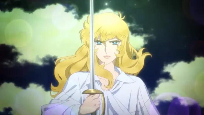 The Rose of Versailles movie: A long-haired blond woman in white shirt center holds up fencing sword in front of her with clouds behind her