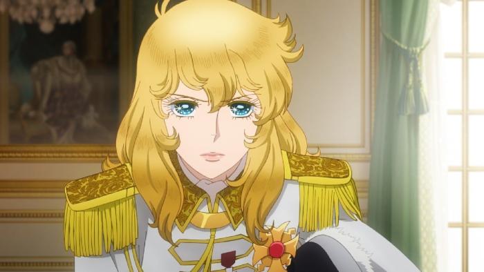 The Rose of Versailles movie: A long-haired blond woman in 18th century French military regalia with golden shoulder tassels center
