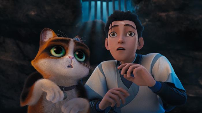 The Royal Cat movie: An orange and white cat left and a Chinese young man in blue and white right both look up while in a barred cell
