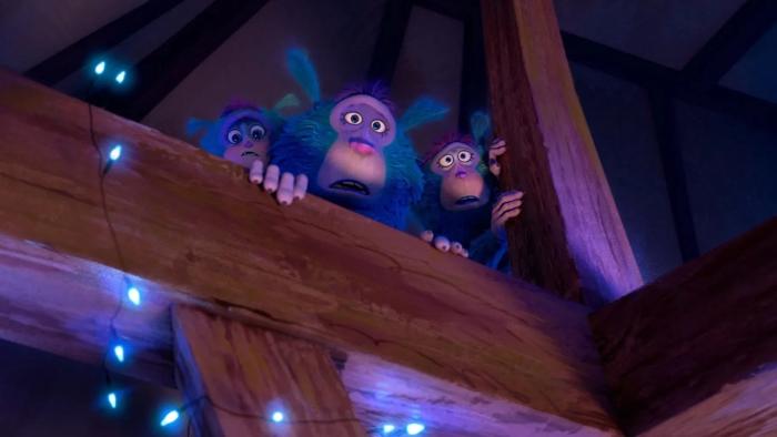 The Twits: A family of blue, fluffy Muggle-Wumps peer down from the rafters of an attic, looking scared