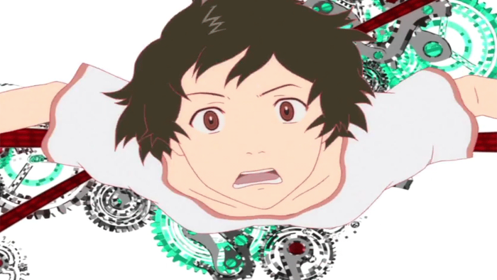 The Girl Who Leapt Through Time Movie: Makoto time jumps, glowing gears behind her in a white void