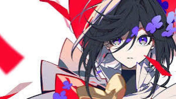 The Ribbon Hero Movie: Anime character with black hair and purple eyes, surrounded by red and purple accents.