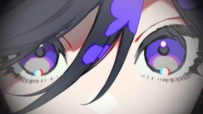 The Ribbon Hero Movie: Close-up of animated character's vibrant purple eyes with black hair partly covering them.