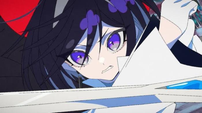 The Ribbon Hero Movie: Anime character with purple eyes wielding a sword in action pose.
