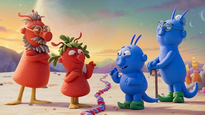 The Smeds and the Smoos: Two red aliens and two blue aliens are divided by a boundary on the floor