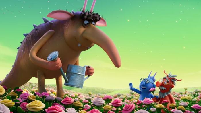 The Smeds and the Smoos: A red and blue alien talk to a large rat-like creature with spines and a long snout