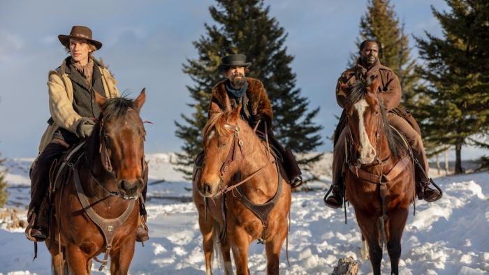 The Thicket Movie: Jack (Levon Hawke), Reginald (Peter Dinklage), and Eustace (Gbenga Akinnagbe) ride horses in the snow