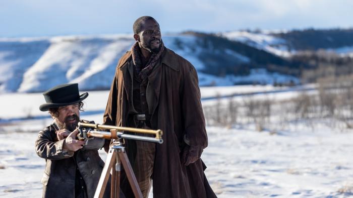 The Thicket Movie: Reginald (Peter Dinklage) and Eustace (Gbenga Akinnagbe) set up a long-range rifle and scope
